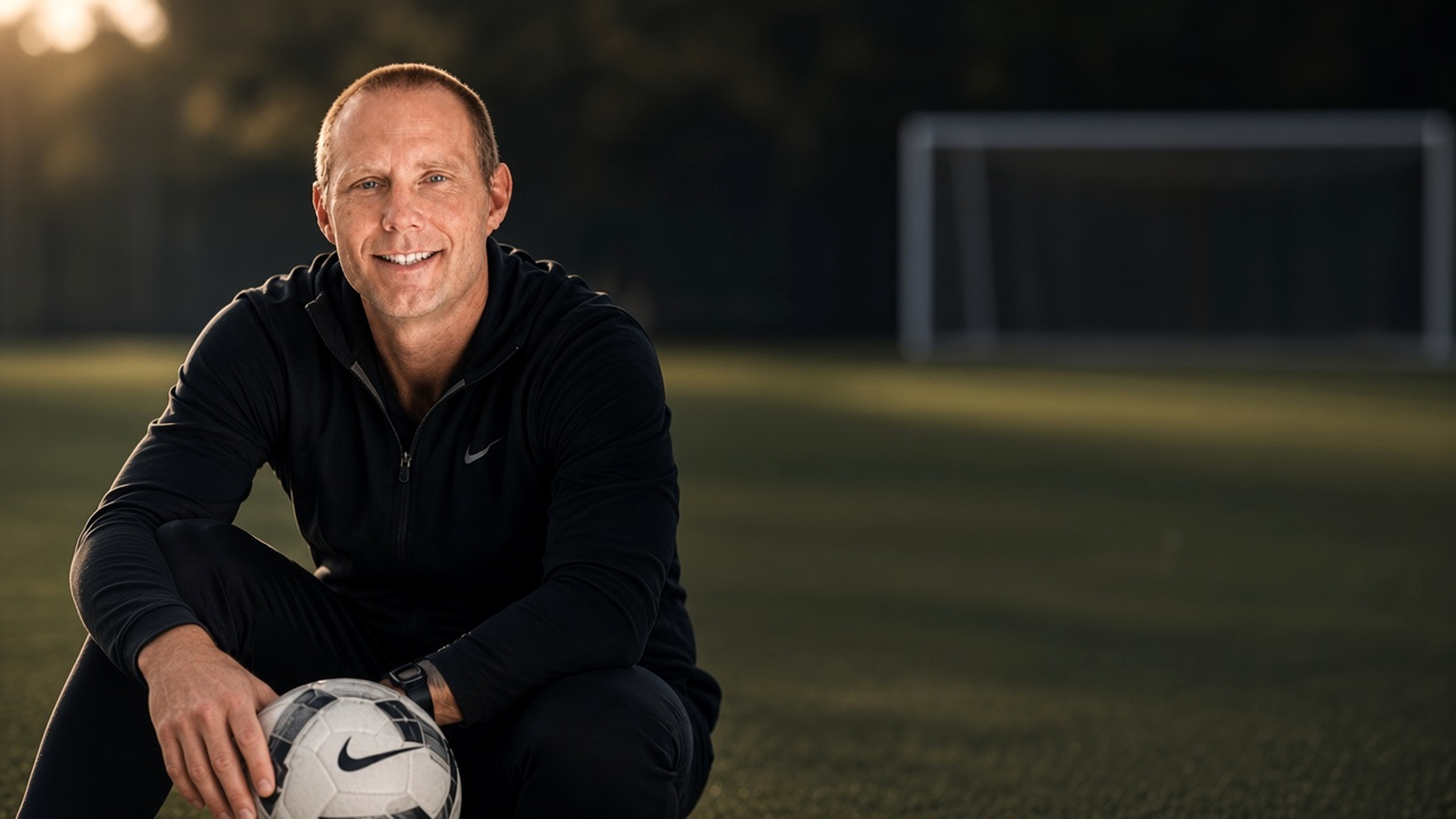 Coach on the training field with a soccer ball